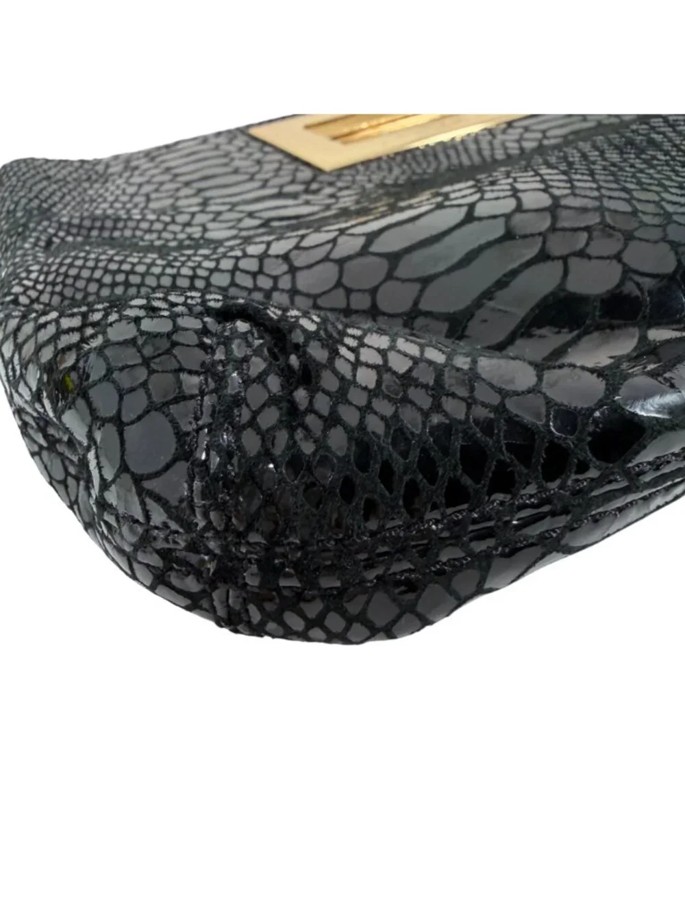 MICHAEL KORS - Berkeley Clutch Bag Black Snakeskin Pattern Patent Leather Gold